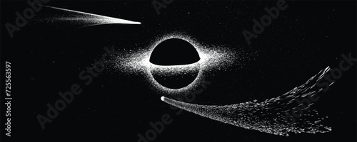 Black hole with disc of plasma eating dying star in space. Supermassive singularity in core off a galaxy, with noise texture . Event horizon .Vector illustration
