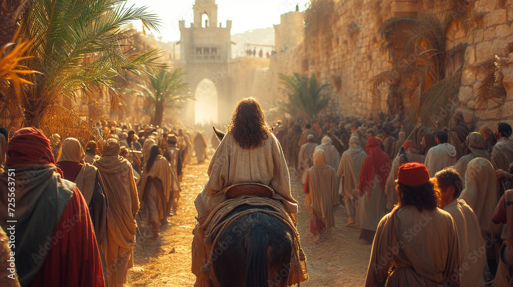 Fototapeta premium Palm Resurrection, Entry of the Lord into Jerusalem, Jesus Christ on a donkey. Christian photography for church religious Easter publications