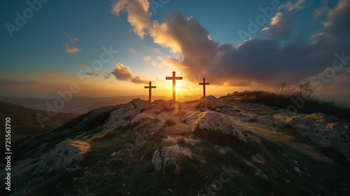 Mount Golgotha and three crosses. Christian religious photo for church publications
