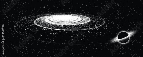 Black hole with disc of plasma eating dying star in space. Supermassive singularity in core off a galaxy, with noise texture . Event horizon .Vector illustration