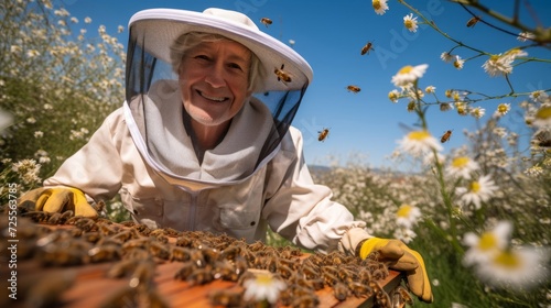 Exuberant beekeeper in protective suit harmonious with industrious pollinators