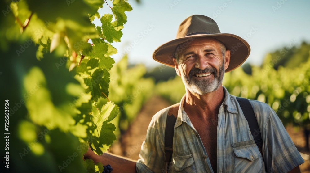 Happy viticulturist among robust grapevines attentive to vineyard's vitality