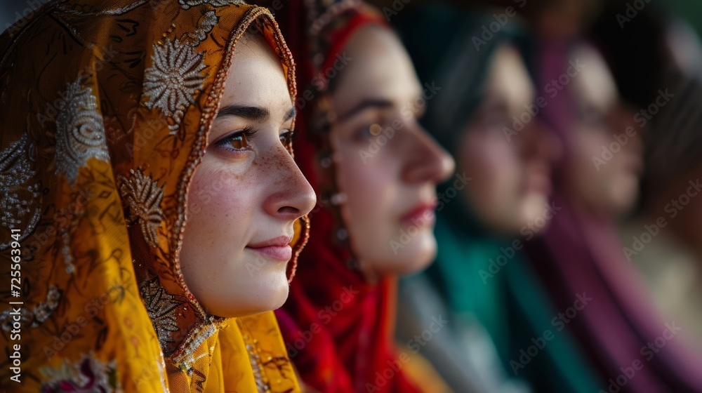 Four immigrant women in hijab looking into distance