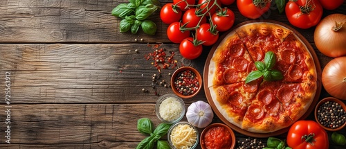 Pizza Ingredients Flat Lay on Vintage Wood