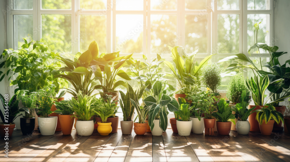 Many indoor home plants at home near window in bright sunlight