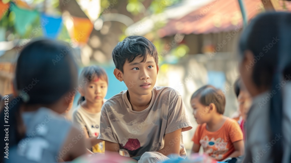 A group of immigrant children in a makeshift outdoor classroom A group of immigrant children in a makeshift outdoor classroom