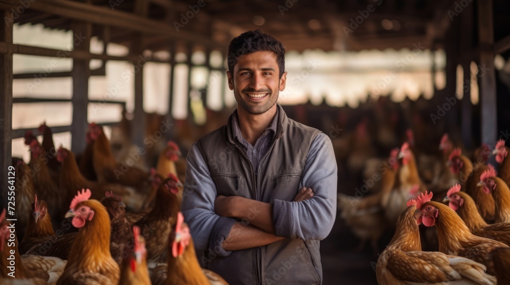 Joyful poultry farmer checks contented chicken with warm smile and humane care - obrazy, fototapety, plakaty 