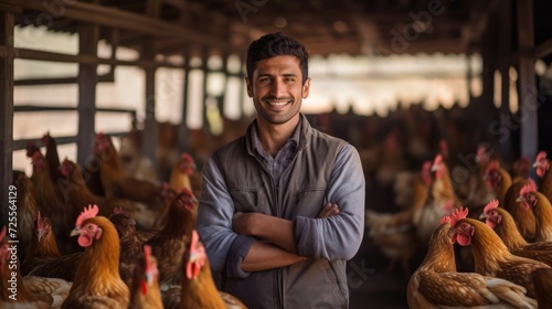 Joyful poultry farmer checks contented chicken with warm smile and humane care