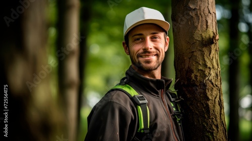 Dedicated arborist in tree-filled scene gazing with purpose cradles young sapling