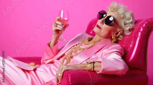 an elderly woman fashionably dressed in a pink suit with necklaces lies in an armchair and drinks wine
