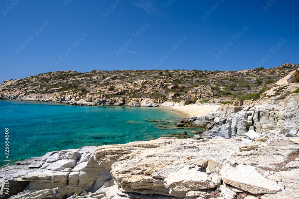 View of the most amazing turquoise beach of Pikri Nero, on a beautiful day on the island of Ios Greece