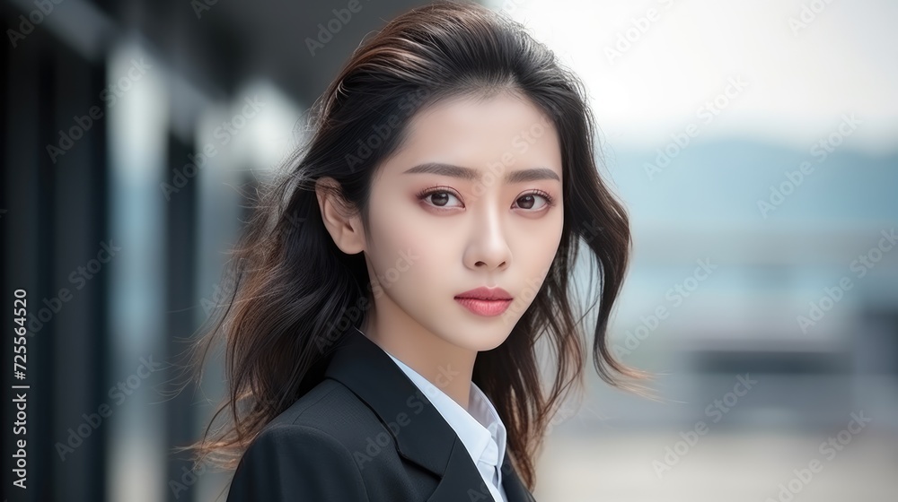 Fototapeta premium Professional Woman with Intense Gaze. Businesswoman with a piercing gaze, styled in professional attire.