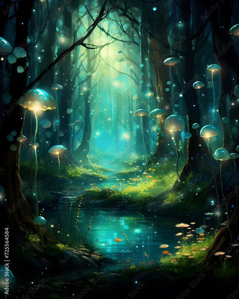 Fantasy forest with fog and magic light. 3d illustration.