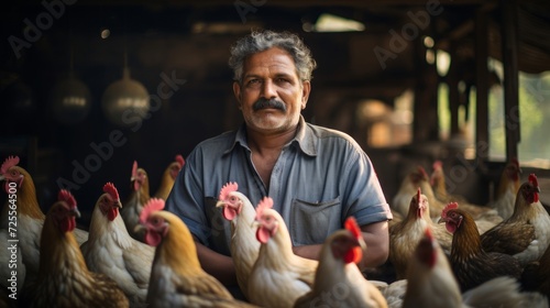 Poultry farmer in lively coop takes responsibility for clucking chickens photo