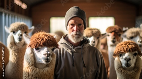 In tranquil barn caring alpaca breeder warmly gazes alpacas stand serenely