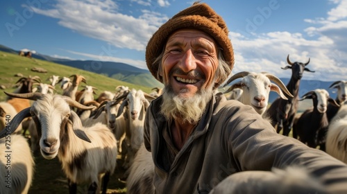 With playful herd goat herder smiles with fulfillment as goats graze and frolic
