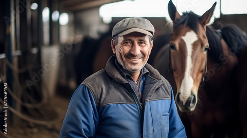 Happy horse trainer in well-kept stable warmly smiles horses nuzzle and graze