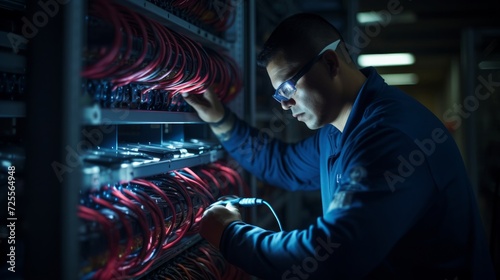Dedicated fiber optic technician with optical cables photo