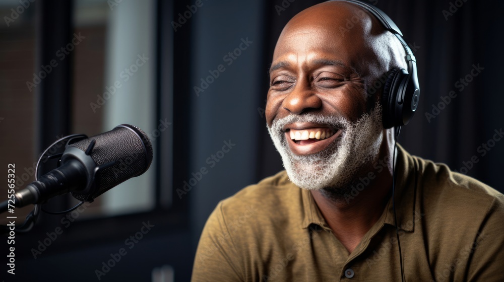 Cheerful radio host sharing stories and music with warmth and connection Cheerful radio host sharing stories and music with warmth and connection