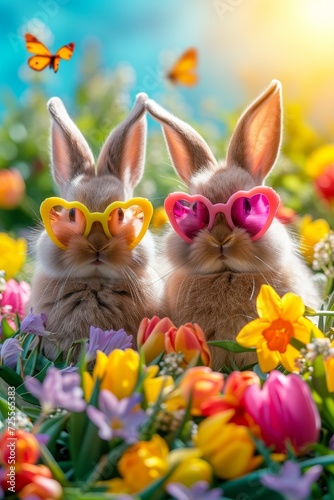 Easter Celebration Card with two Easter Bunnies in pink sunglasses in sunny spring garden with many spring flowers and Butterflies