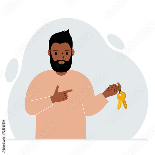 A man holds a bunch of golden keys to open a locked door. Knowledge or the key to success.