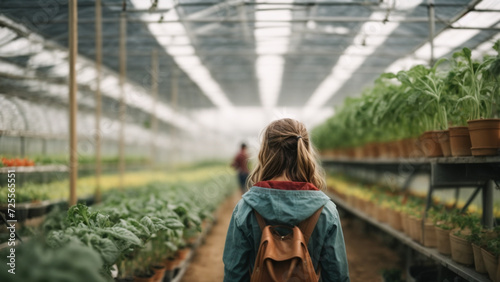 Agriculture, girl in greenhouse for gardening, growing and harvesting vegetables. happy child walking for growing plants, organic food and produce, school, space for text