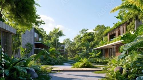 Lush Eco-Living Residential Area. Sunlight streams on a lush eco-living residential area with abundant greenery.