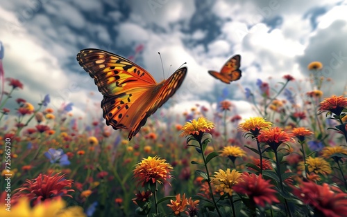 Vibrant Monarch butterflies soaring amongst colorful wildflowers in bloom.