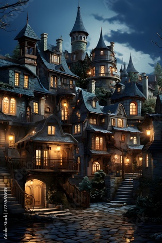 Halloween castle in the night with lighted windows and lanterns