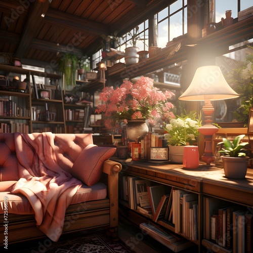 Cozy living room with bookshelves  sofa  lamp and flowers