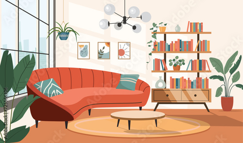 Living room interior. Comfortable sofa, window,  bookcase and house plants. Vector flat cartoon illustration