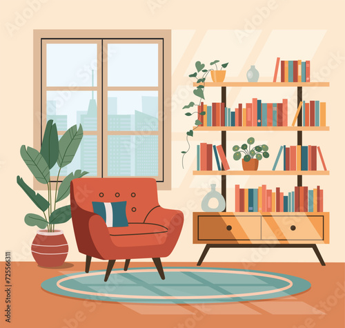 Living room interior. Comfortable chair, window,  bookcase and house plants. Vector flat cartoon illustration