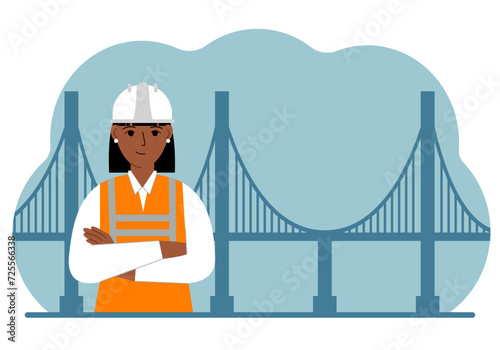 Woman civil engineer next to the bridge. The concept of civil engineering and construction.