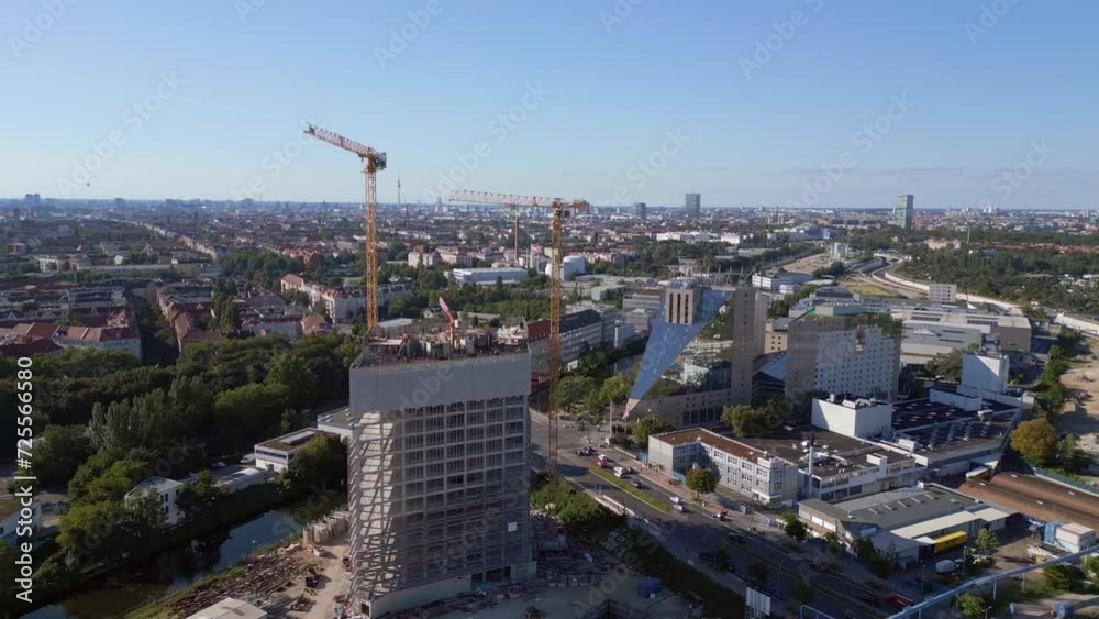 Berlin city construction crane on skyscraper Nice aerial top view flight drone Berlin city construction crane on skyscraper Nice aerial top view flight drone