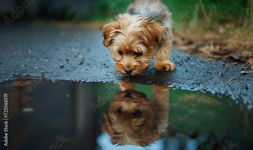 realistic shot of a cute yorkie sees her reflection in the puddle photo