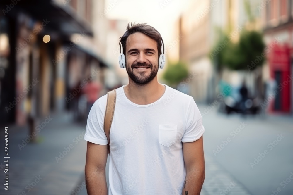 young man listening to music with headphones on the street in the city