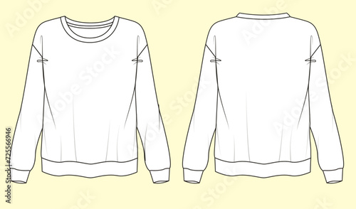 Women's Round Neck Long Sleeve Terry Fleece Sweatshirt – Black and White Outline Fashion Flat with Front and Back View.