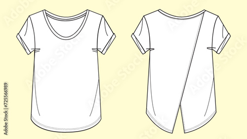 Ladies and Teen Girls Round Neck Short Sleeve T-Shirt with Back Opening - Black and White Outline Fashion Flat Sketch with Front and Back View.