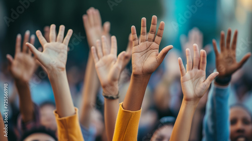 group of hands raised up