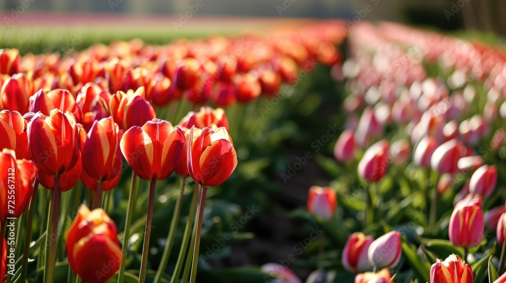 Sunrise Amidst Tulip Rows. Sunrise casting a warm glow on rows of multicolored tulips. Sunrise Amidst Tulip Rows. Sunrise casting a warm glow on rows of multicolored tulips.