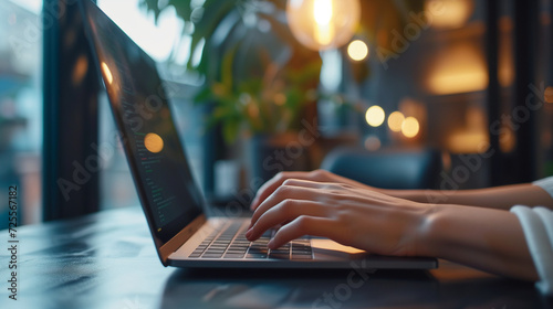 person typing on laptop in cafe