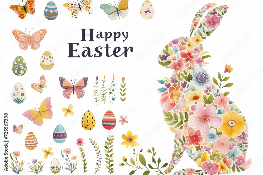 Happy Easter text Celebration Set. Floral Easter Bunny Silhouette with Butterflies, on white background