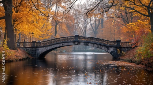 Bridge in a park on a day in fall. Generative Ai.