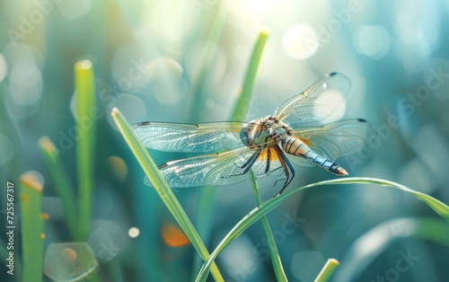 A vibrant orange dragonfly rests on a dewy blade of grass, wings glistening with moisture. © burntime555