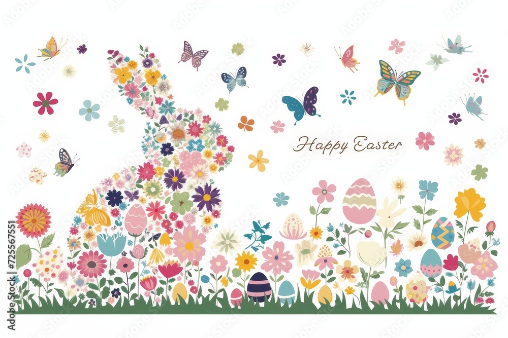 Colorful floral Easter Bunny silhouette on white background.  Happy Easter Holiday Card