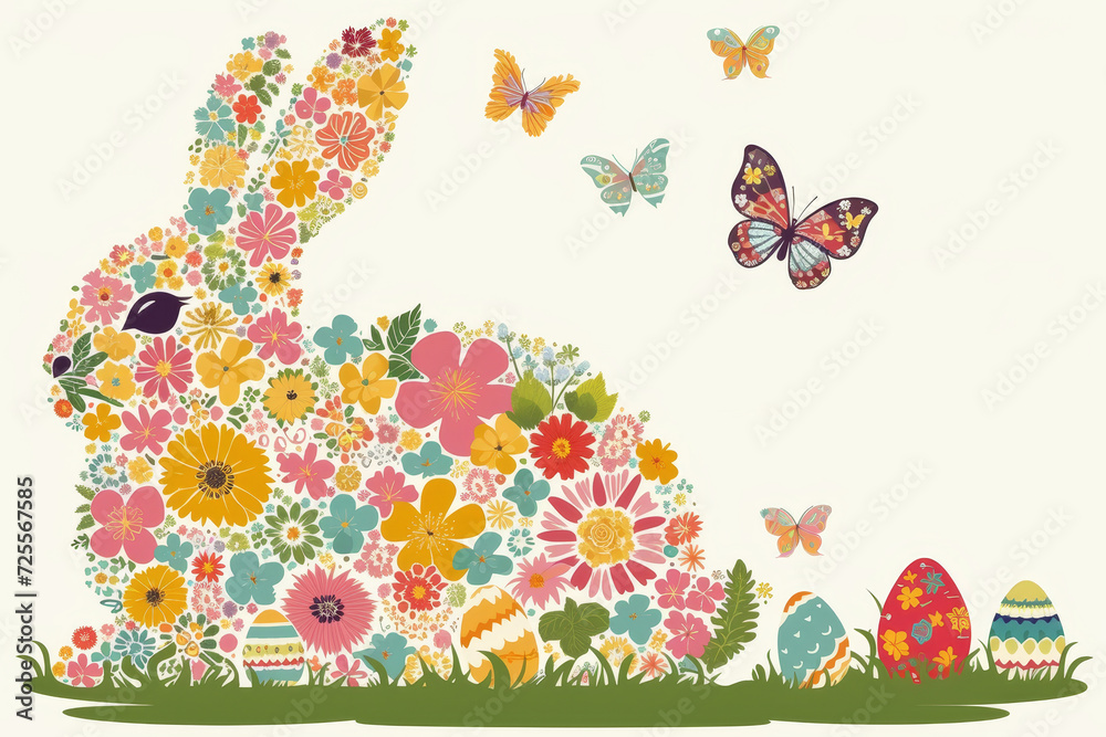 Floral Patterned Rabbit with Butterflies and Easter Eggs. Happy Easter Holiday Card.