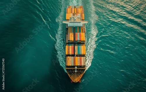 Aerial view of a cargo ship loaded with colorful containers sailing through a serene sea.