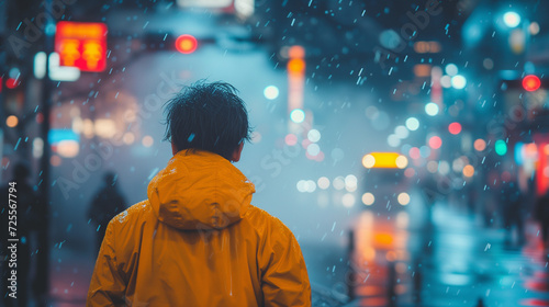 Man wearing a rain jacket walking in the city