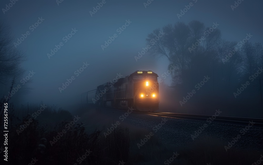 A vintage train travels through misty woods at dawn, with headlight piercing the fog.