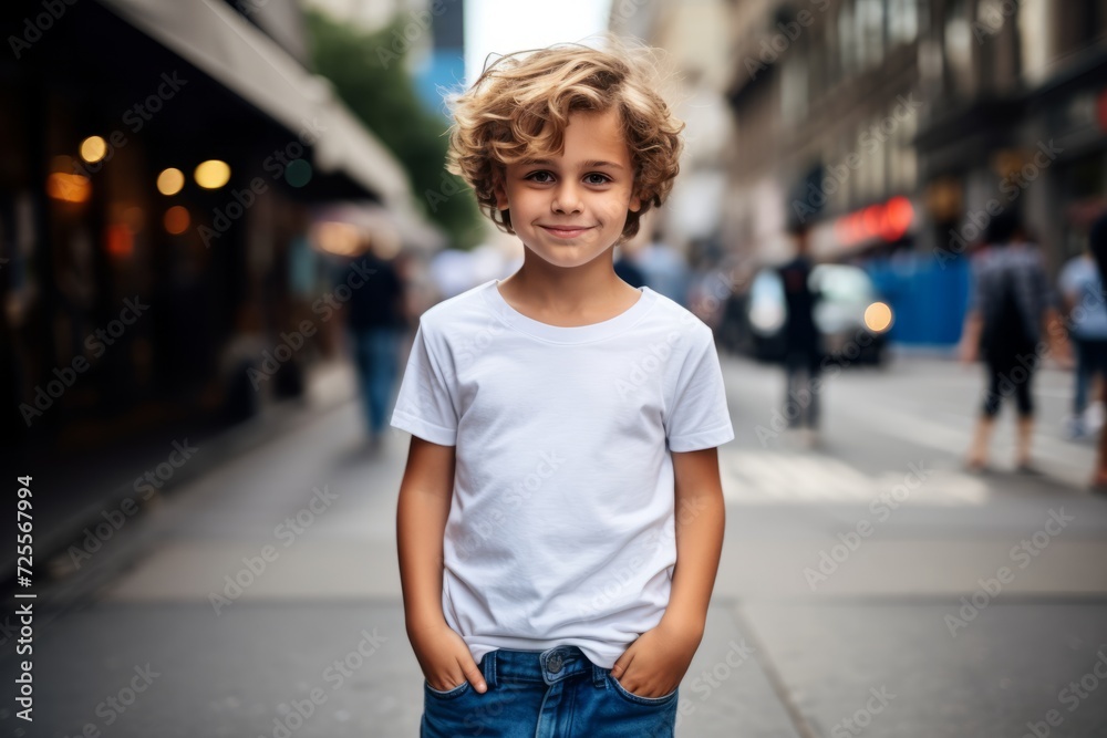 cute little boy in white t-shirt standing on city street cute little boy in white t-shirt standing on city street